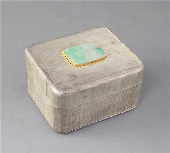 A Mario Buccellati brushed white metal rectangular casket and cover with inset pierced jadeite panel, 5.5in.